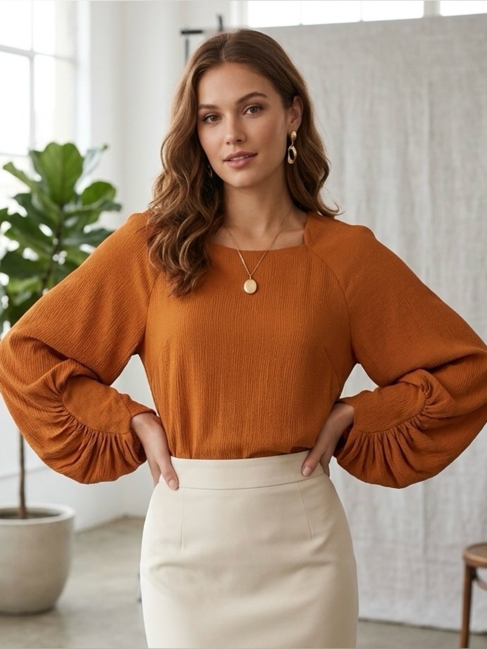 Lela Rose Ruched Long Sleeve Crinkled Blouse Golden Orange Office Chic Size 6